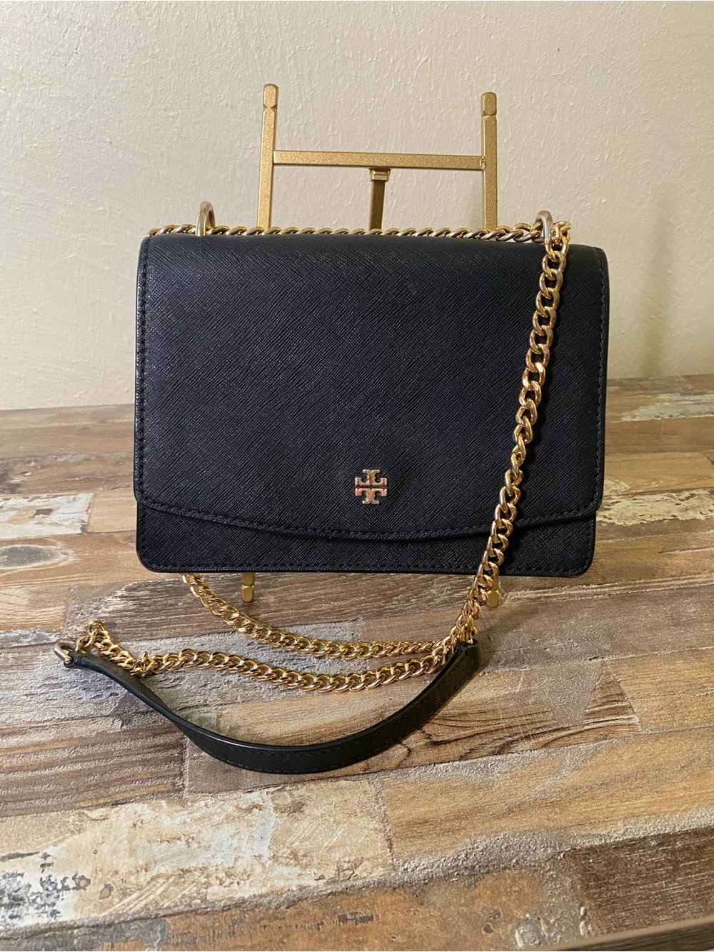 Tory Burch Black Leather Crossbody with Gold Chain